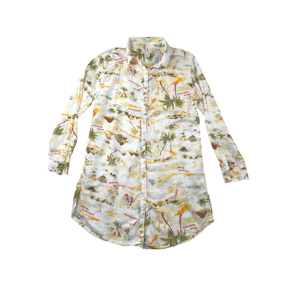 C&C‎ California Women Large Tropical Island Linen Blend Button Down Shirt Dress